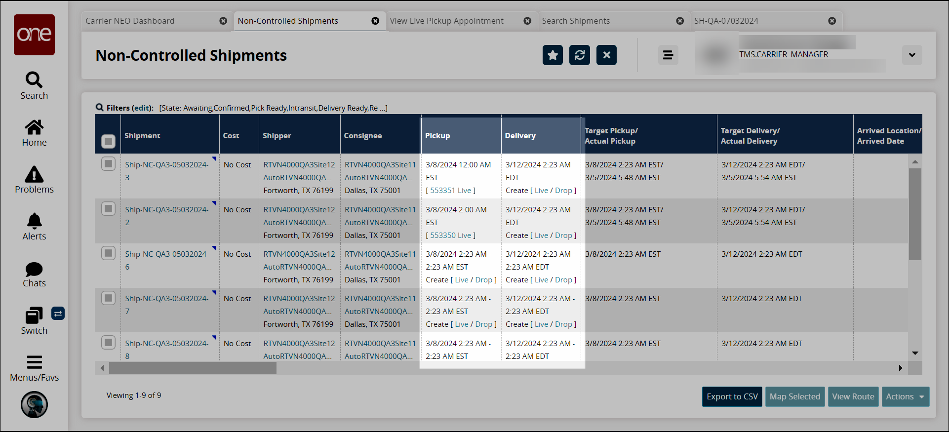 SearchNon-ControlledShipments_3-9_CarrierMgr__ApptLinksHighlighted20240319.png