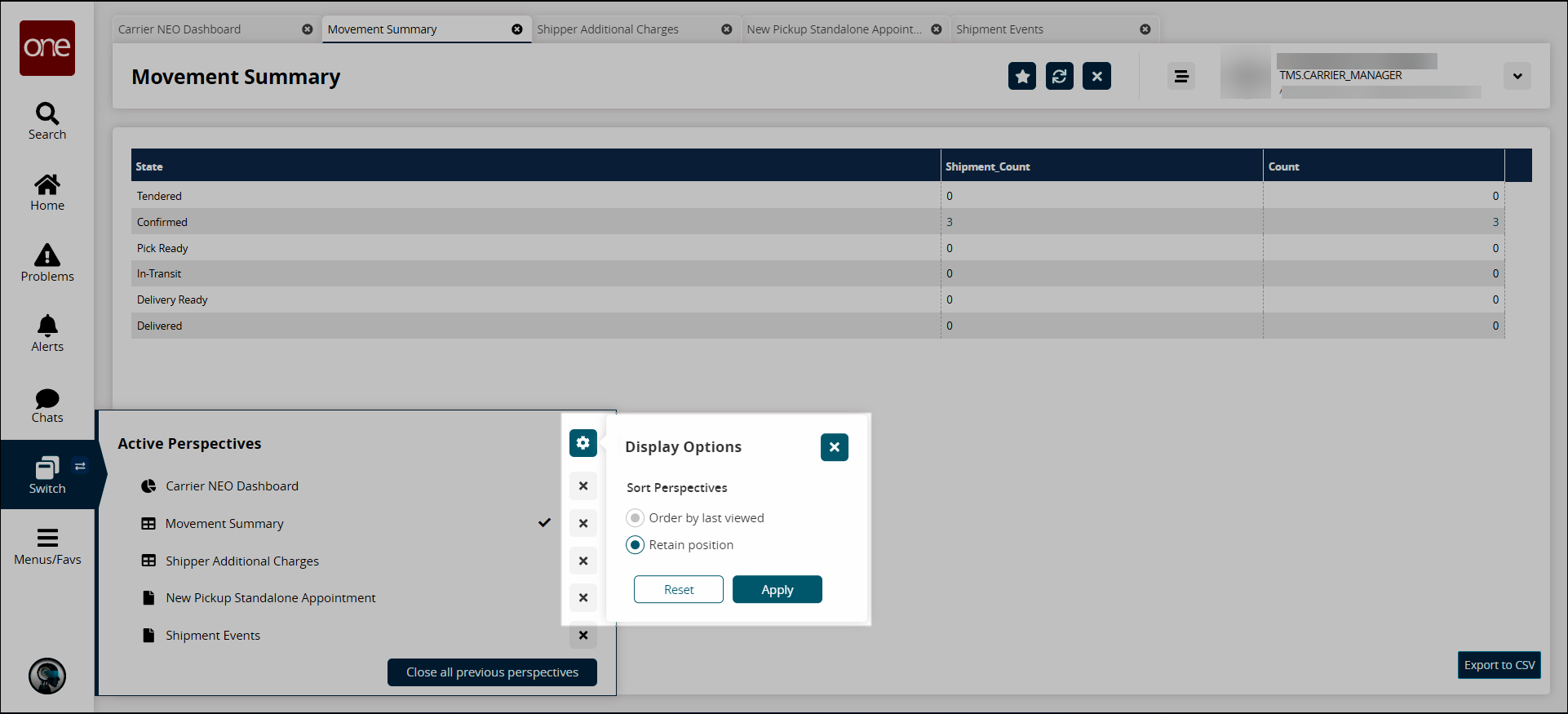 NEODashboard_3-9_CarrierMgr_SwitchScreensActivePerspectivesDisplayOptions_20240409.png